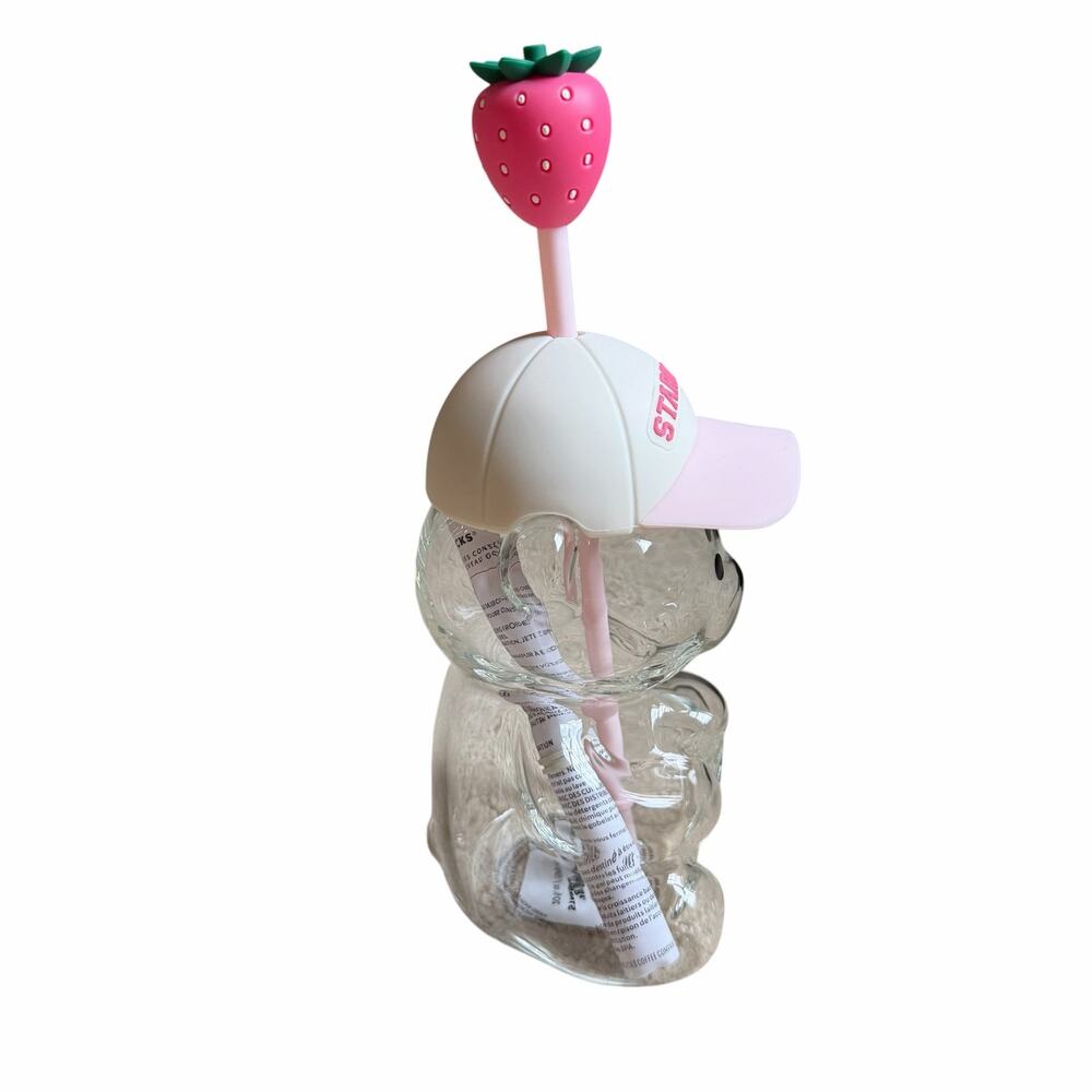 Starbucks Bearista Glass Strawberry Pink Hat and Straw NWT - Picture 3 of 8